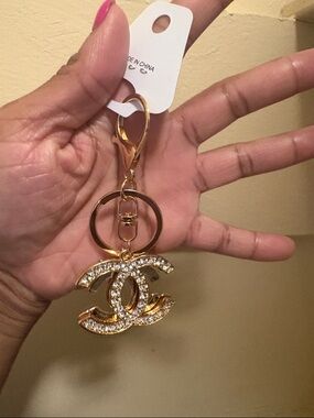 Gold Tone Crystal Interlocking Logo Keychain